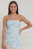Blue White Floral Strapless Corset Long Bridesmaid Dress with Slit
