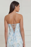 Blue White Floral Strapless Corset Long Bridesmaid Dress with Slit