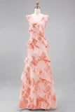 Hot Pink Floral Sheath Ruffled Long Bridesmaid Dress