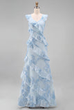 Hot Pink Floral Sheath Ruffled Long Bridesmaid Dress