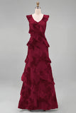 Hot Pink Floral Sheath Ruffled Long Bridesmaid Dress