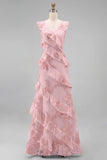 Hot Pink Floral Sheath Ruffled Long Bridesmaid Dress