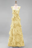 Hot Pink Floral Sheath Ruffled Long Bridesmaid Dress