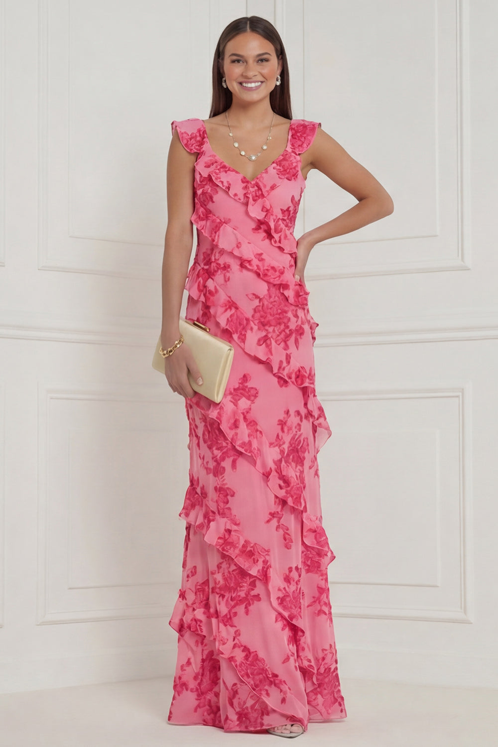 WEDTREND Women Hot Pink Floral Bridesmaid Dress Sheath Ruffled V Neck Long Wedding Guest Dress, Hot Pink / US10