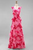 Hot Pink Floral Sheath Ruffled Long Bridesmaid Dress