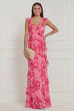 Hot Pink Floral Sheath Ruffled Long Bridesmaid Dress