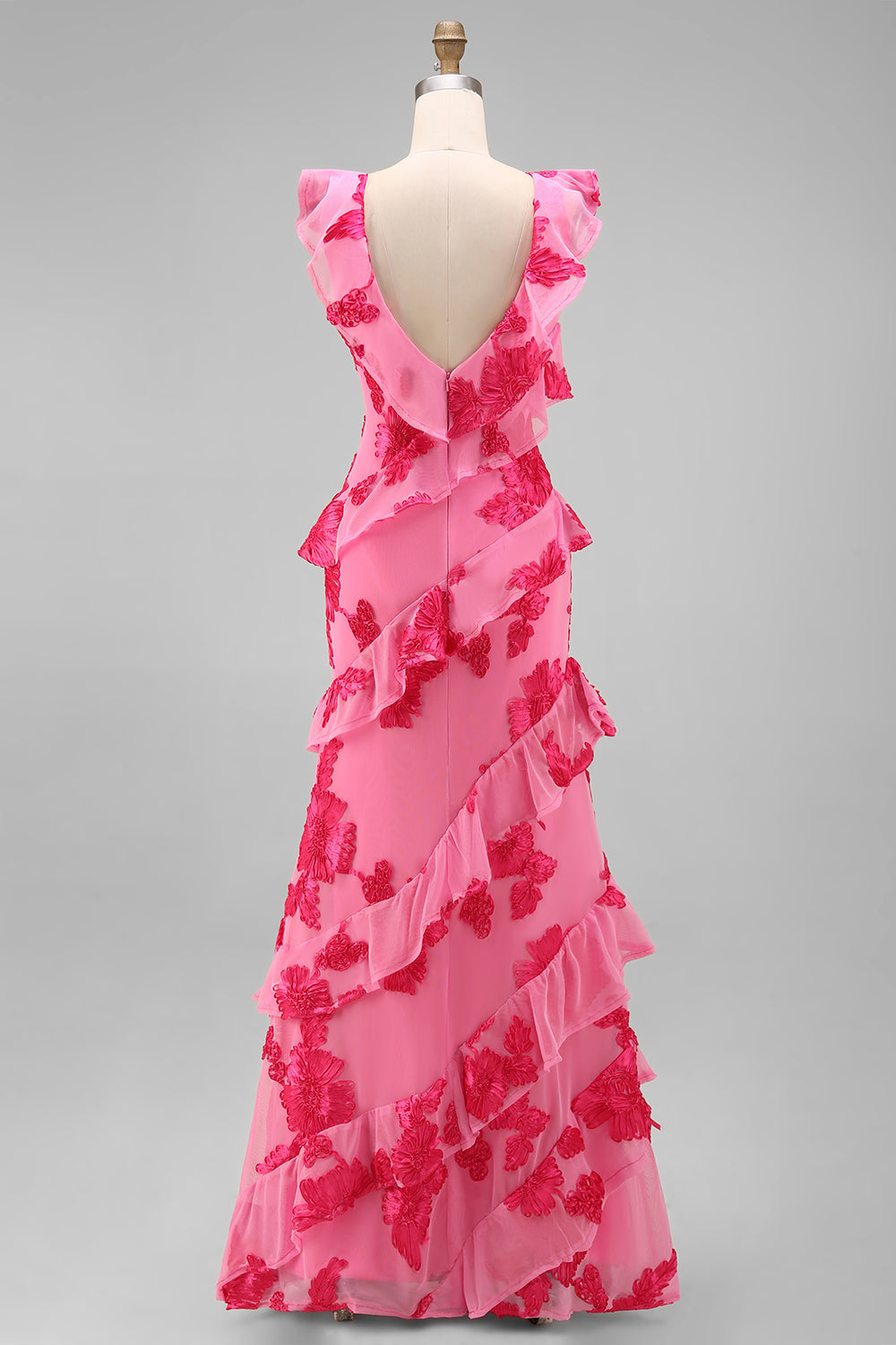 WEDTREND Women Hot Pink Floral Bridesmaid Dress Sheath Ruffled V Neck Long Wedding Guest Dress