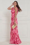 Hot Pink Floral Sheath Ruffled Long Bridesmaid Dress