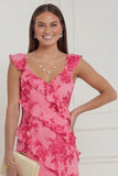 Hot Pink Floral Sheath Ruffled Long Bridesmaid Dress