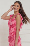 Hot Pink Floral Sheath Ruffled Long Bridesmaid Dress