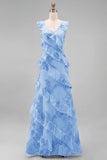 Hot Pink Floral Sheath Ruffled Long Bridesmaid Dress