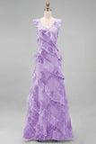 Hot Pink Floral Sheath Ruffled Long Bridesmaid Dress