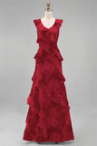 Hot Pink Floral Sheath Ruffled Long Bridesmaid Dress