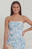 Strapless Corset Blue White Flower Bridesmaid Dress with Lace-up Back