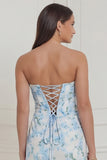 Strapless Corset Blue White Flower Bridesmaid Dress with Lace-up Back