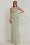 Sage Green Floral Strapless Corset Long Bridesmaid Dress with Slit