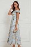 Off the Shoulder Light Blue Floral A Line Midi Wedding Guest Dress
