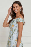 Off the Shoulder Light Blue Floral A Line Midi Wedding Guest Dress