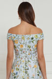 Off the Shoulder Light Blue Floral A Line Midi Wedding Guest Dress