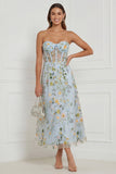 Floral Blue Strapless A Line Corset Midi Wedding Guest Dress