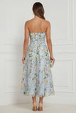Floral Blue Strapless A Line Corset Midi Wedding Guest Dress