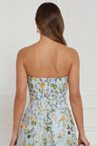 Floral Blue Strapless A Line Corset Midi Wedding Guest Dress