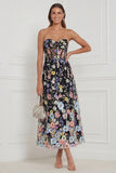 Strapless Black Floral A Line Corset Midi Wedding Guest Dress