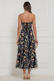 Strapless Black Floral A Line Corset Midi Wedding Guest Dress