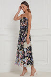 Strapless Black Floral A Line Corset Midi Wedding Guest Dress
