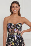Strapless Black Floral A Line Corset Midi Wedding Guest Dress