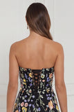 Strapless Black Floral A Line Corset Midi Wedding Guest Dress