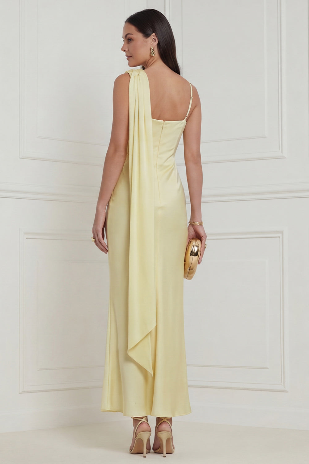 Wedtrend Women Daffodil Satin Wedding Guest Dress Asymmetrical Neck