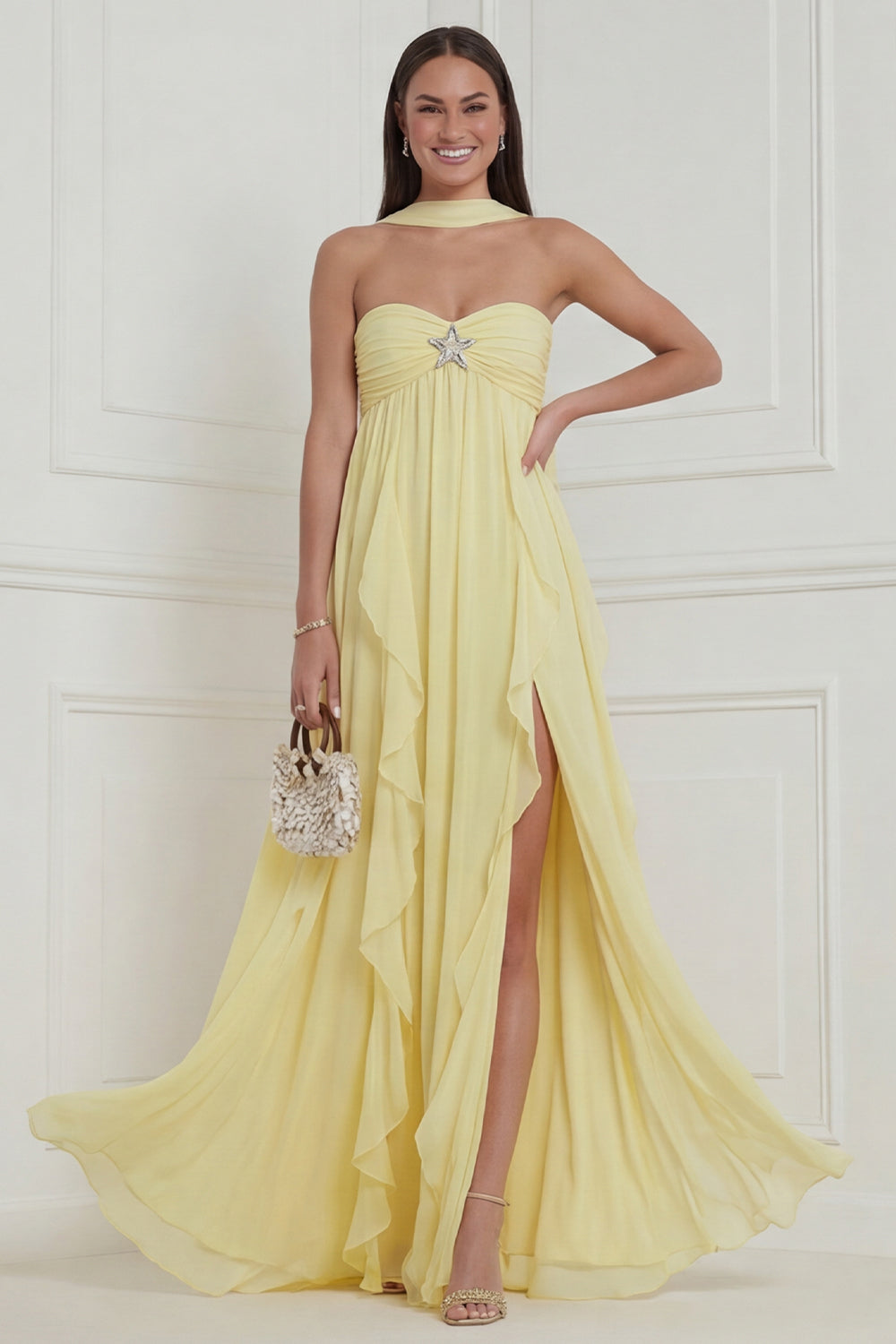 yellow halter wedding guest dress Leely Women Yellow Halter Neck Tiered Floral Long Beach Wedding Guest Dress A Line Backless Sleeveless