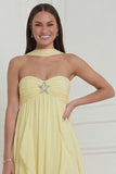 Strapless Halter Daffodil A Line Ruffled Long Wedding Guest Dress