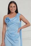 Sky Blue One Shoulder A Line 3D Flower High Low Wedding Guest Dress with Sash