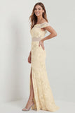 Off the Shoulder Yellow Mermaid Embroidered Bridesmaid Dress with Slit
