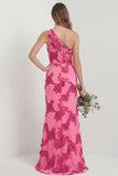 Hot Pink One Shoulder Embroidered Mermaid Long Bridesmaid Dress with Slit