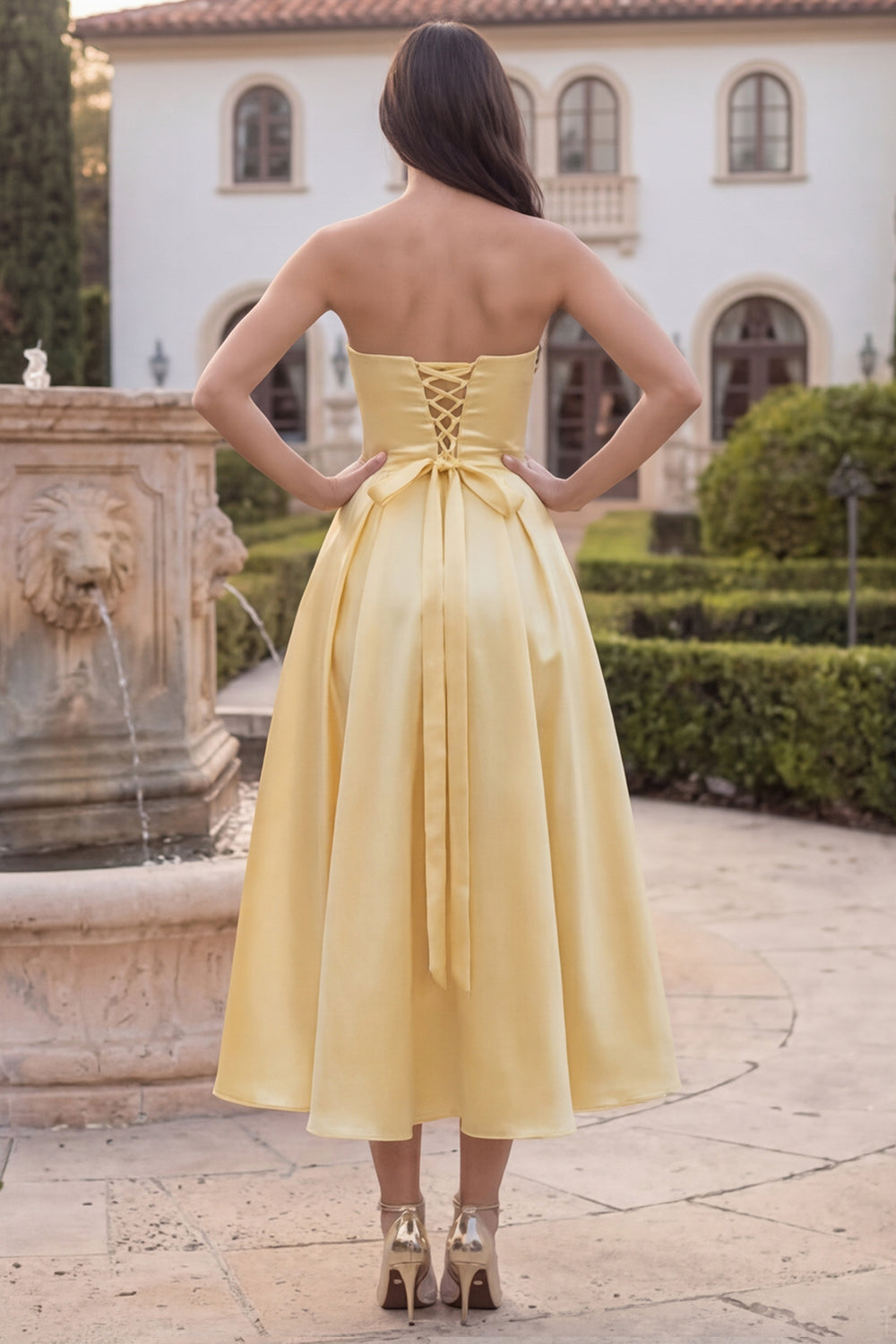 WEDTREND Women Yellow Strapless Wedding Guest Dress A Line Satin Midi Bridesmaid Dress with Lace Up Back, Daffodil / US22W