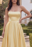 Strapless Yellow A Line Satin Midi Wedding Guest Dress