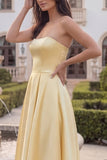 Strapless Yellow A Line Satin Midi Wedding Guest Dress