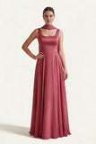 Desert Rose A Line Square Neck Satin Long Bridesmaid Dress with Streamer
