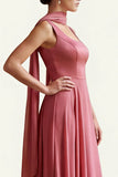 Desert Rose A Line Square Neck Satin Long Bridesmaid Dress with Streamer