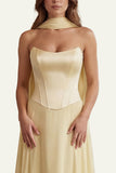 Daffodil Strapless A Line Corset Long Bridesmaid Dress with Streamer