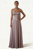 Strapless Dusk A Line Corset Long Bridesmaid Dress with Streamer