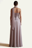 Strapless Dusk A Line Corset Long Bridesmaid Dress with Streamer