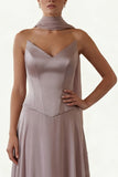 Strapless Dusk A Line Corset Long Bridesmaid Dress with Streamer