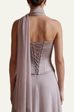 Strapless Dusk A Line Corset Long Bridesmaid Dress with Streamer