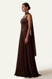 Coffee A Line Corset Satin Long Bridesmaid Dress with Streamer
