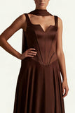 Coffee A Line Corset Satin Long Bridesmaid Dress with Streamer