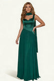 Dark Green Satin A Line Long Bridesmaid Dress with Streamer